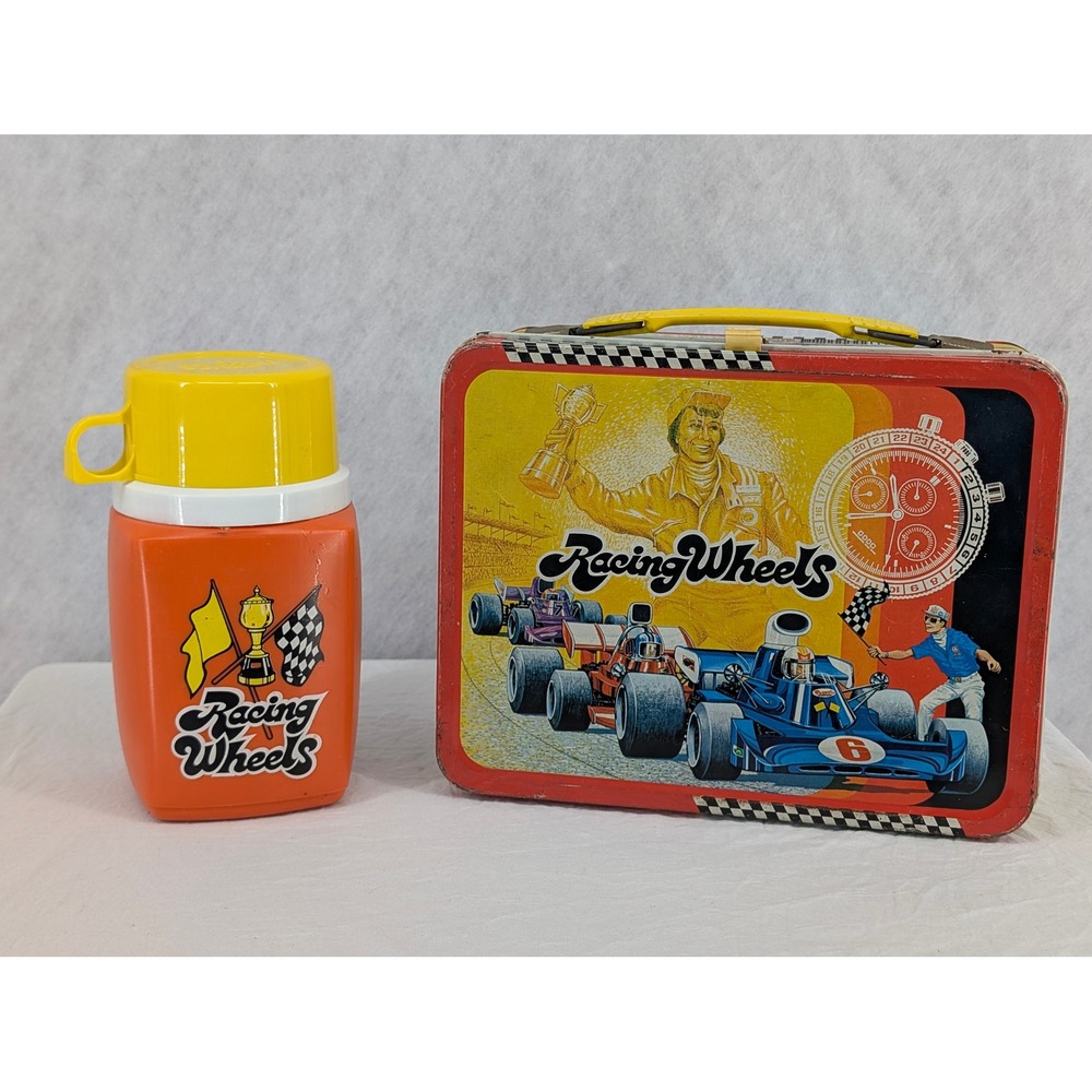 King-Seeley Racing Wheels 1977 Vintage Metal Lunch Box Thermos Set Red Orange